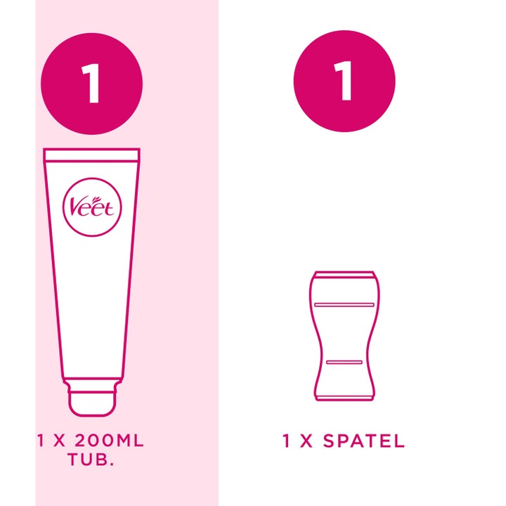 Veet Hair Removal Cream 200 ml hårfjerning med illustrasjon av en tube og en rosa spatel inkludert i pakken.