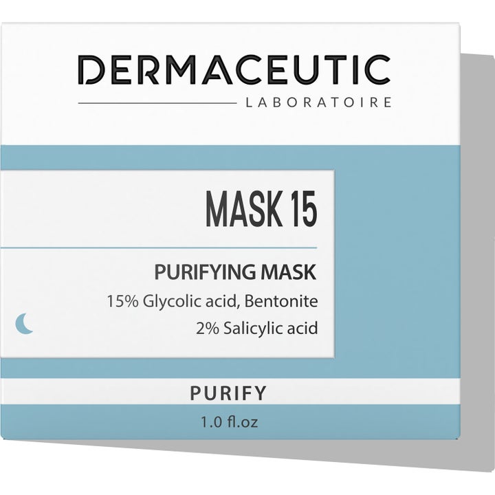 Dermaceutic Mask 15 30 ml eksfolierende ansiktsmaske i hvit og blå eske med 15% glykolsyre og salisylsyre