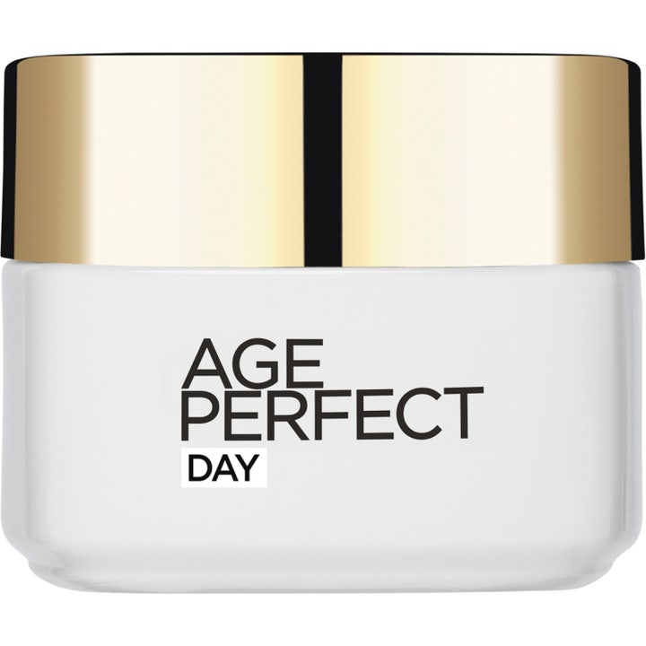 L'Oréal Paris Age Perfect Day dagkrem som gir spenst i hvit krukke med et dekorativt og skinnende gulllokk.