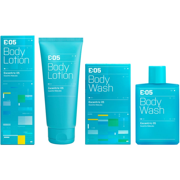 Escentric Molecules Escentric 05 Body Lotion 200 ml fuktighetsgivende kroppslotion i turkis tube og eske med Body Wash