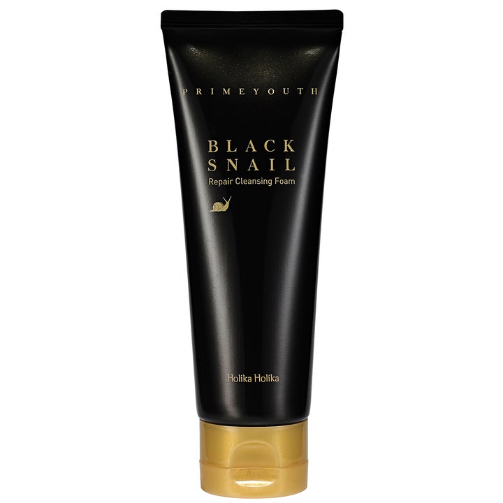 Holika Holika Prime Youth Black Snail Repair Cleansing Foam reparerende ansiktsrens med snegleslim i svart tube med gullkork