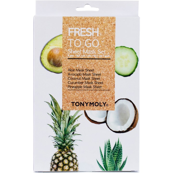 TONYMOLY Fresh To Go Sheet Mask Set 5 stk fuktighetsgivende ansiktsmasker i hvit eske med bilder av avokado og ananas.