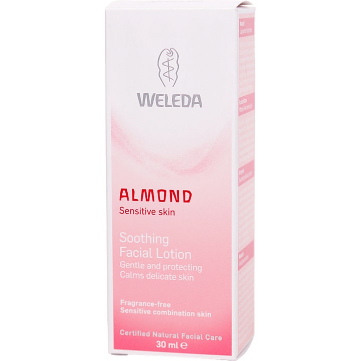 Weleda Almond Soothing Facial Lotion 30 ml beroligende dagkrem i hvit og rosa eske for sensitiv hud
