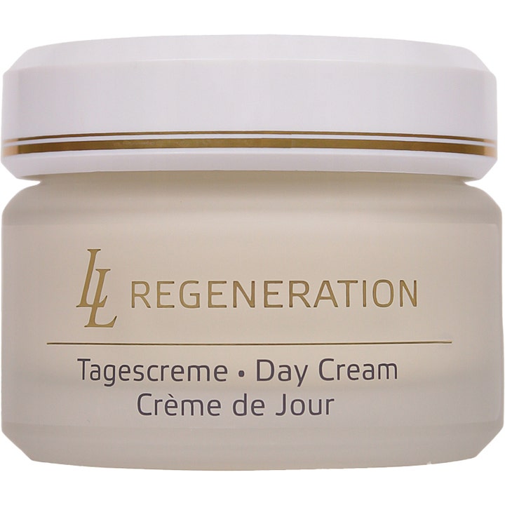 LL Regeneration Day Cream ansiktskrem som pleier huden i en frostet glasskrukke med hvit kork og gulldetaljer.