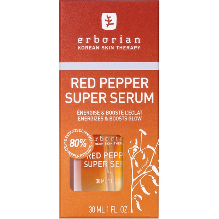 Erborian Red Pepper Super Serum 30 ml energigivende ansiktsserum i oransje eske med 80 % rød pepperekstrakt