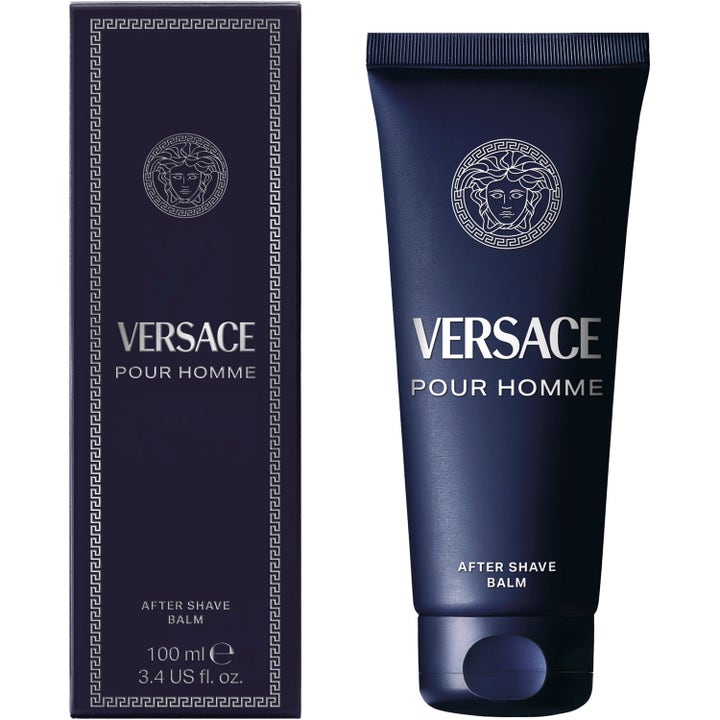 Versace Pour Homme 100 ml beroligende after shave balm i mørkeblå tube og eske med sølvfarget Medusa-logo