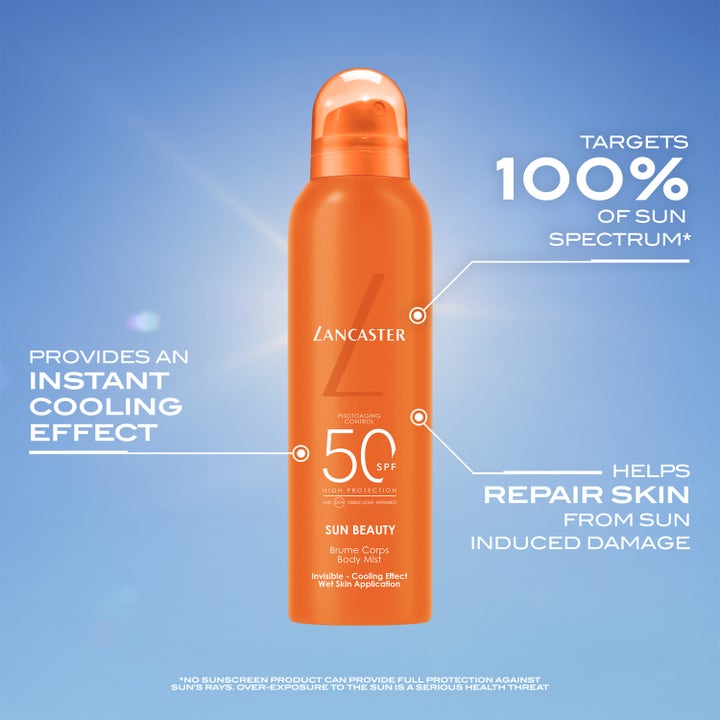 Lancaster Sun Beauty Body Mist SPF50 200 ml solbeskyttelse i oransje sprayflaske med kjølende effekt