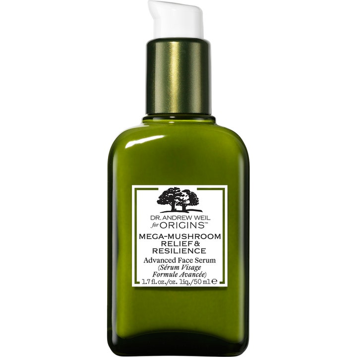 Origins Mega-Mushroom Relief & Resilience Serum 50 ml beroligende ansiktsserum i mørkegrønn glassflaske med hvit pumpe