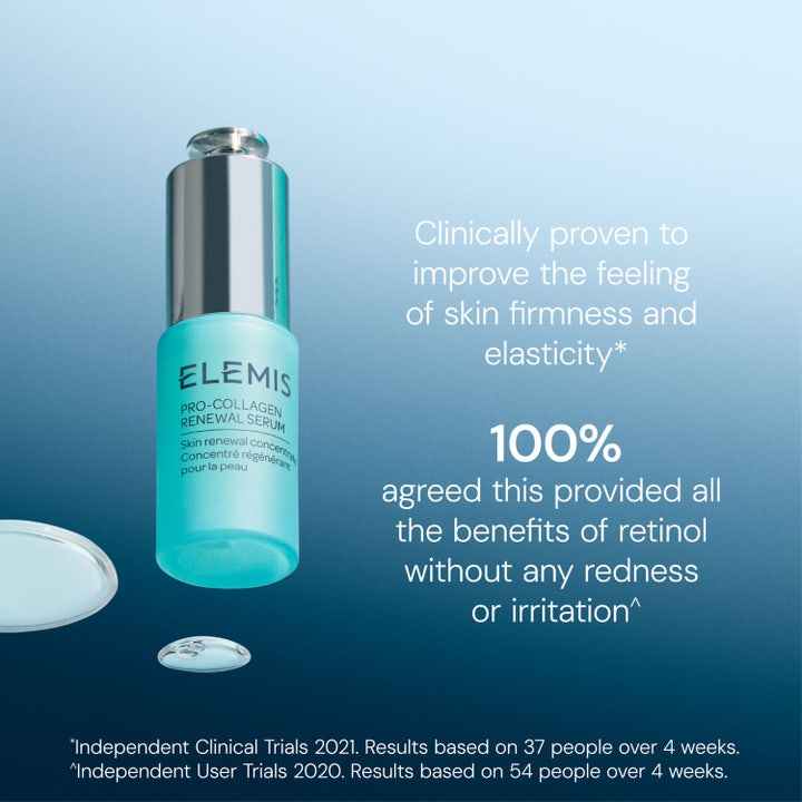 Elemis Pro-Collagen Renewal Serum 15 ml hudserum i turkis glassflaske med tekst om kliniske resultater