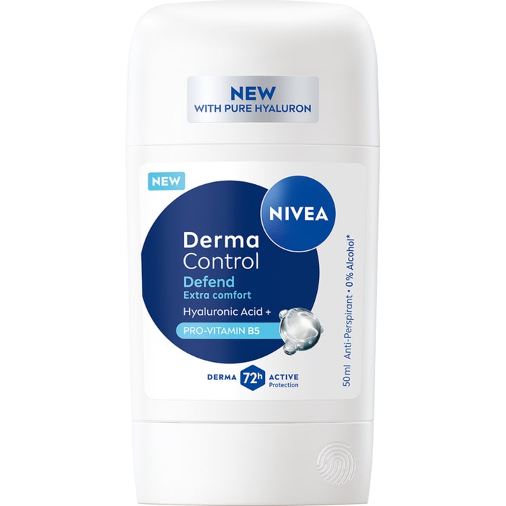 Nivea Derma Control Defend 50 ml antiperspirant gir fuktighet i hvit stick med blått design