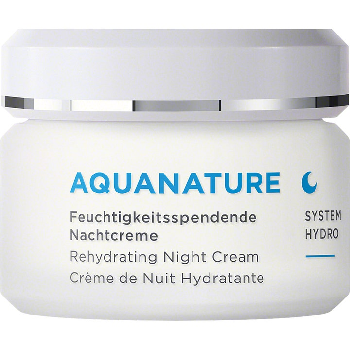 Annemarie Börlind Aquanature System Hydro Rehydrating Night Cream gjenfuktende nattkrem i hvit krukke med sølvdetaljer