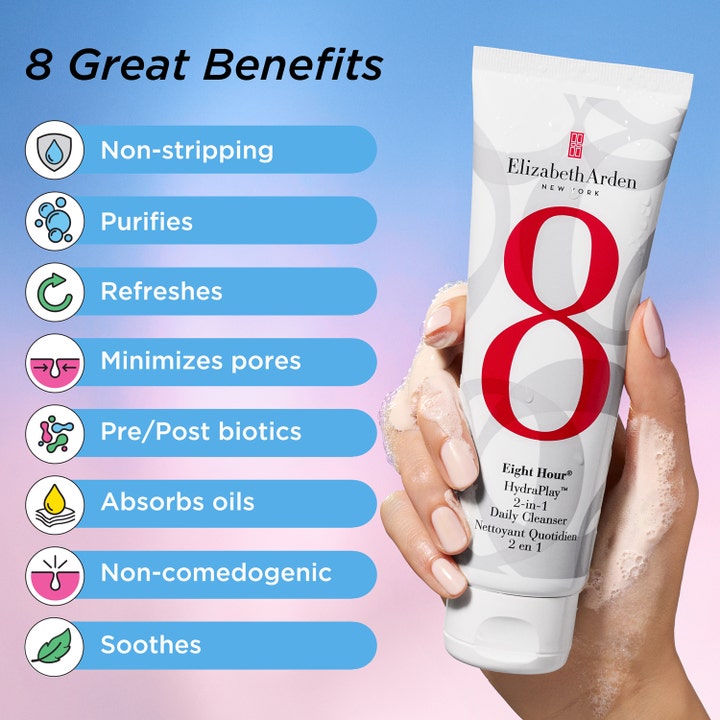 Elizabeth Arden Eight Hour Hydraplay Cleanser 125 ml ansiktsrens som minimerer porer i hvit tube med skum og fordeler.