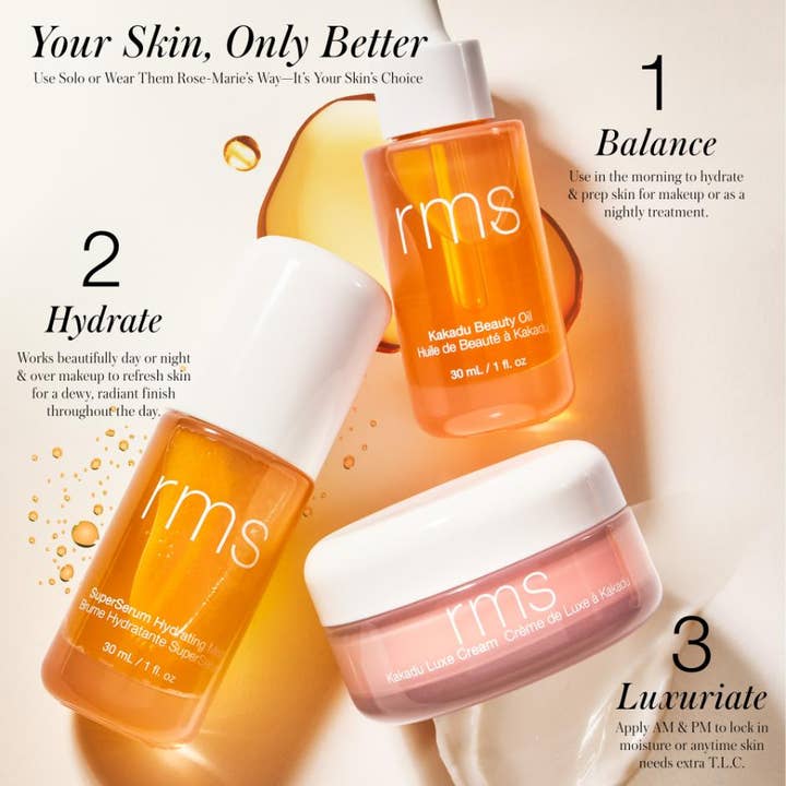 RMS Beauty Kakadu Luxe Cream 50 ml fuktighetsgivende ansiktskrem i krukke sammen med olje og mist.