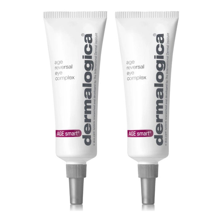 Dermalogica Age Reversal Eye Complex to foryngende øyekremer i hvite tuber med grå skrukorker.