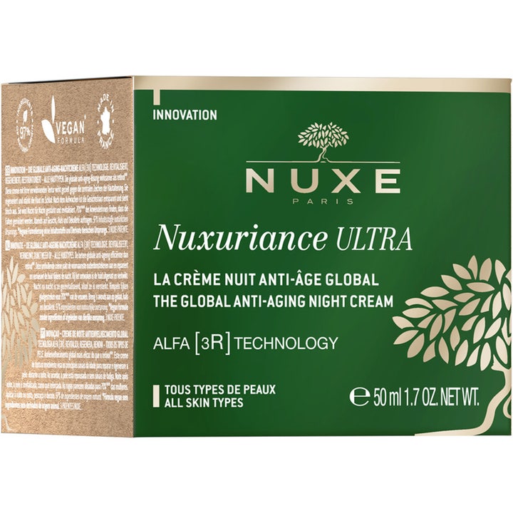 Nuxe Nuxuriance Ultra 50 ml anti-aging nattkrem i grønn og gullfarget eske med vegansk logo og Alfa 3R teknologi.