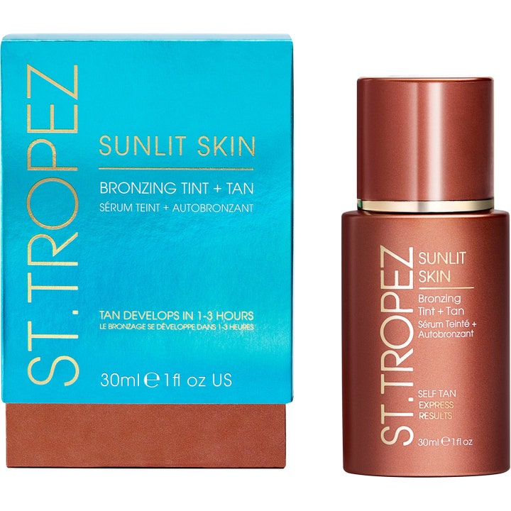 St.Tropez Self Tan Express Sunlit Skin 30 ml selvbruning for ansiktet i turkis eske og bronsefarget flaske.