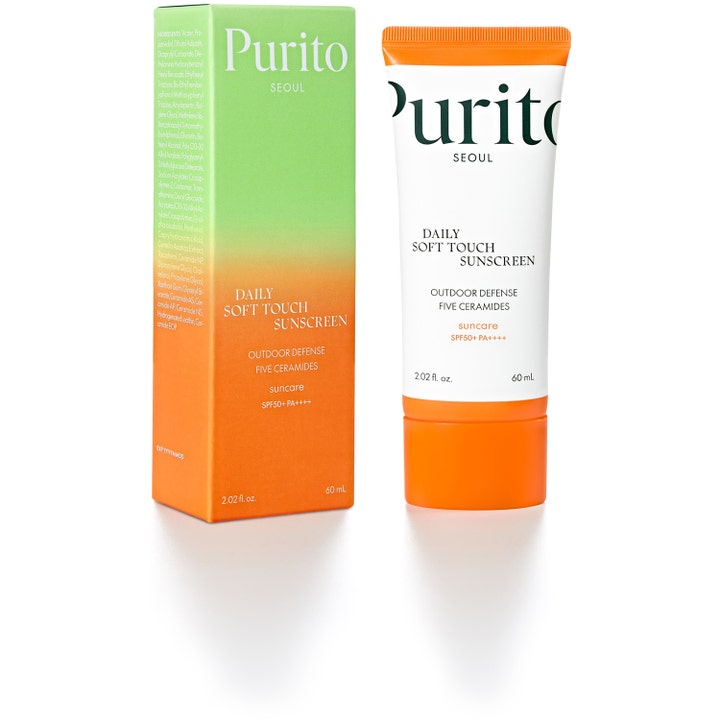 Purito Daily Soft Touch Sunscreen 60 ml solkrem for ansiktet med SPF 50 i hvit tube og oransje og grønn eske