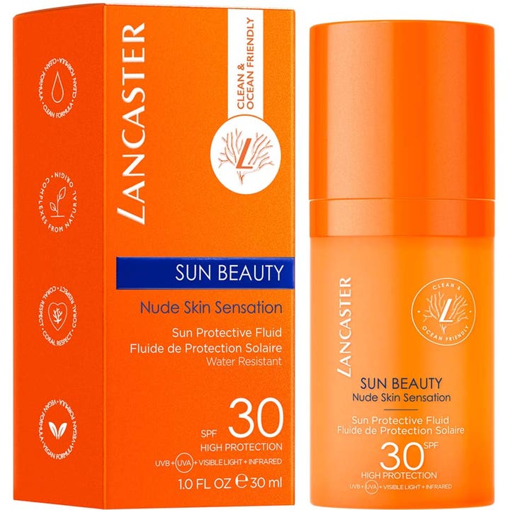 Lancaster Sun Beauty Face Fluid 30 ml solkrem gir SPF 30 i en oransje pumpeflaske og eske.