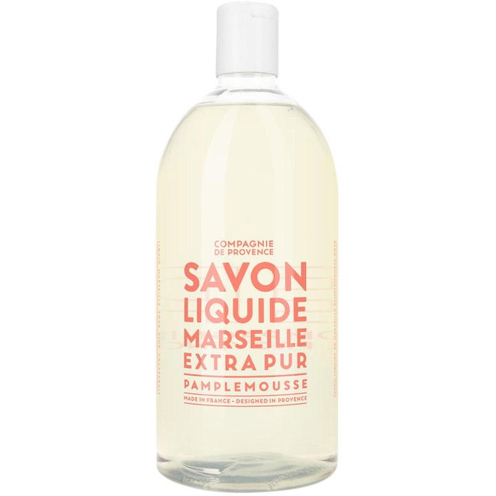 Compagnie de Provence Savon Liquide Marseille 1000 ml oppfriskende såpe i klar plastflaske med hvit kork.