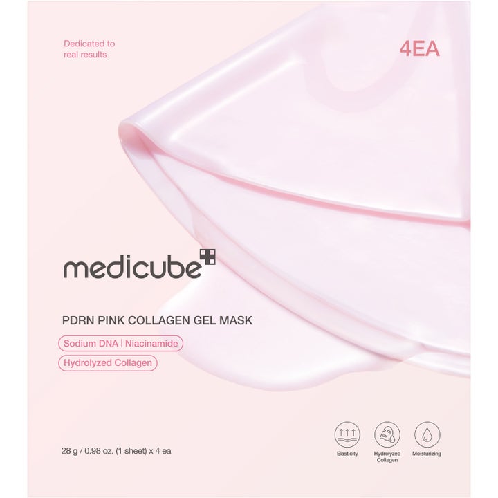 Medicube PDRN Pink Collagen Gel Mask 4 stk fuktighetsgivende gelmaske med rosa tekstur som gir huden økt elastisitet.