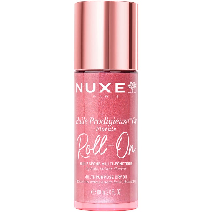 Nuxe Huile Prodigieuse Or Florale Roll-On 60 ml glødgivende tørr olje med rosa skimmer i flaske med rosegullfarget kork