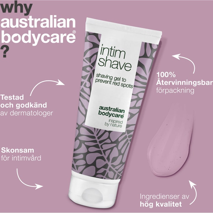 Australian Bodycare Intim Shave 100 ml barbergel mot røde nupper i hvit tube med lilla mønster og geltekstur