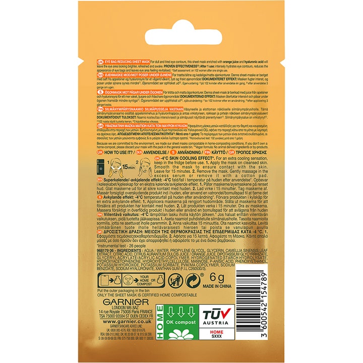 Garnier Skin Active Eye Tissue Mask Orange 1 stk øyemaske mot poser under øynene baksiden med ingrediensliste