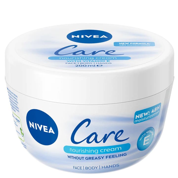 Nivea Care Nourishing Cream 200 ml fuktighetskrem i hvit krukke med blå detaljer som gir intensiv pleie