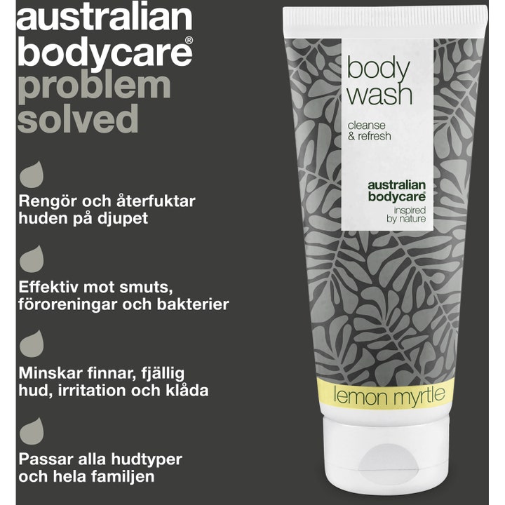 Australian Bodycare Body Wash Lemon Myrtle 200 ml dusjsåpe med tea tree oil i hvit tube med bladmønster og gul detalj