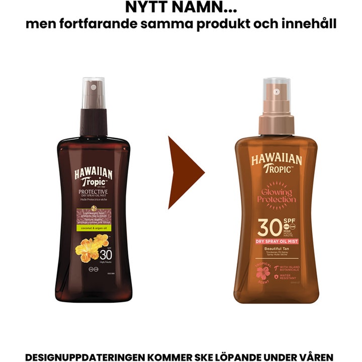 Hawaiian Tropic Glowing Protection 200 ml solspray som viser gammelt og nytt flaskedesign med SPF 30