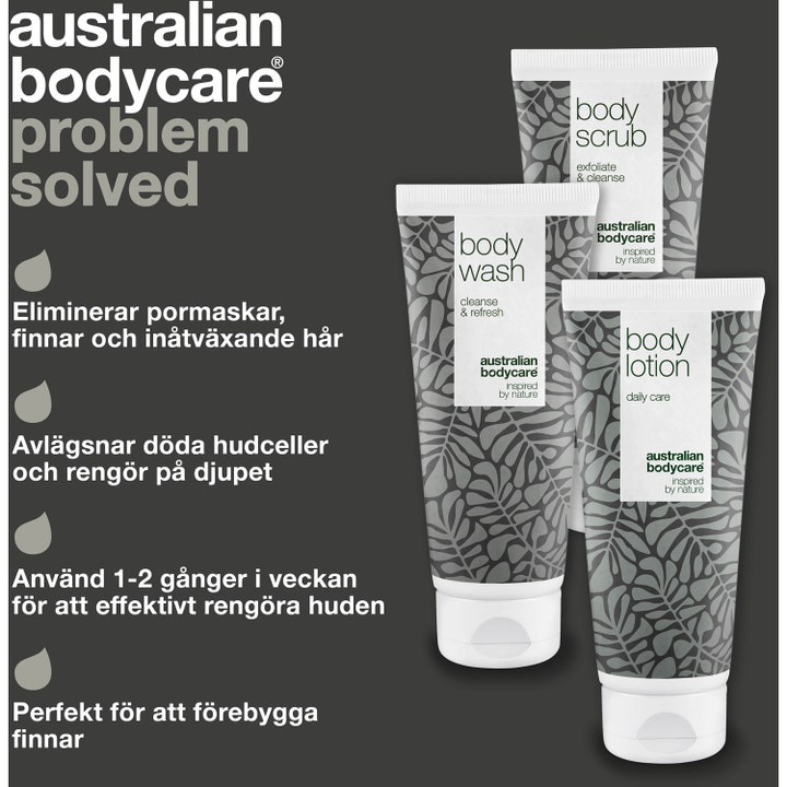 Australian Bodycare 3 Body Products mot kviser med body wash, scrub og lotion i tuber med bladmotiv.