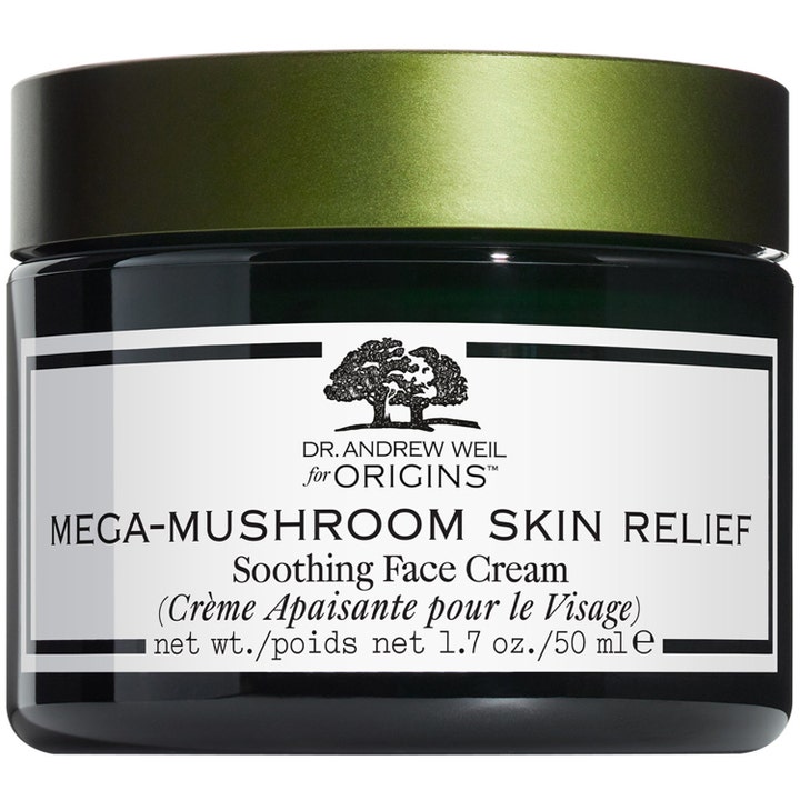 Origins Mega-Mushroom Skin Relief 50 ml beroligende ansiktskrem i mørkegrønn krukke med olivengrønt lokk og hvit etikett