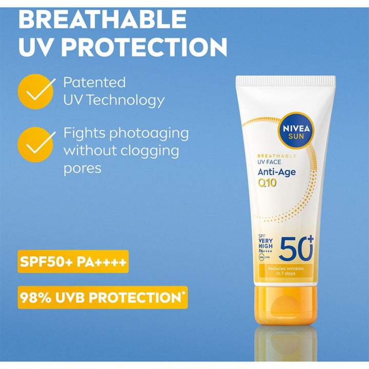 NIVEA UV Face Anti-Age Q10 Cream 40 ml solkrem i hvit tube med SPF 50+ som gir pustende beskyttelse mot rynker