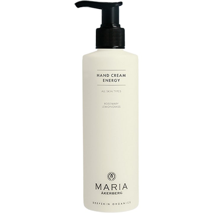 Maria Åkerberg Hand Cream Energy pleiende håndkrem i hvit flaske med sort pumpe som gir fuktighet.