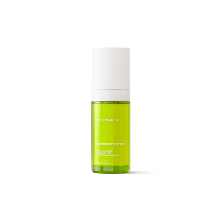 Theramid Smoothing Treatment 30 ml eksfolierende ansiktsbehandling i en limegrønn gjennomsiktig flaske med hvit kork