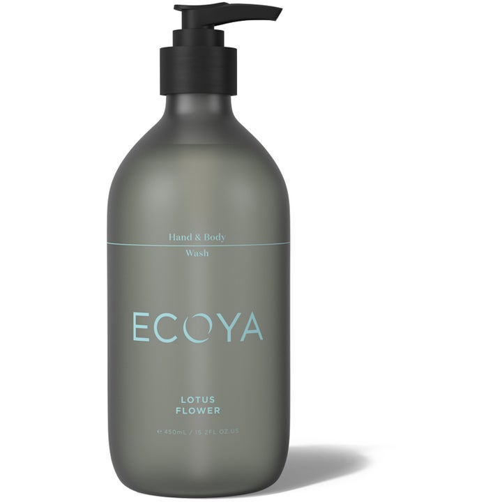 Ecoya Lotus Flower Hand & Body Wash 450 ml rensende kroppssåpe som gir fukt i en matt grå pumpeflaske med sort pumpe.