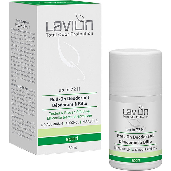 Lavilin Roll-On Deodorant Sport 80 ml gir langvarig beskyttelse i hvit plastflaske med grønne detaljer