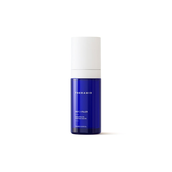Theramid HAPCA Filler 30ml fuktighetsgivende serum som gir fylde i blå gjennomsiktig flaske med hvit pumpekork