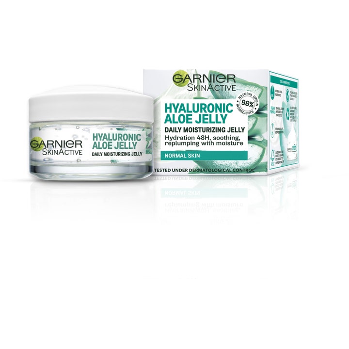 Garnier Hyaluron Barrier Repair Gelcreme 50 ml fuktighetsgivende dagkrem i glasskrukke og eske med aloe vera.