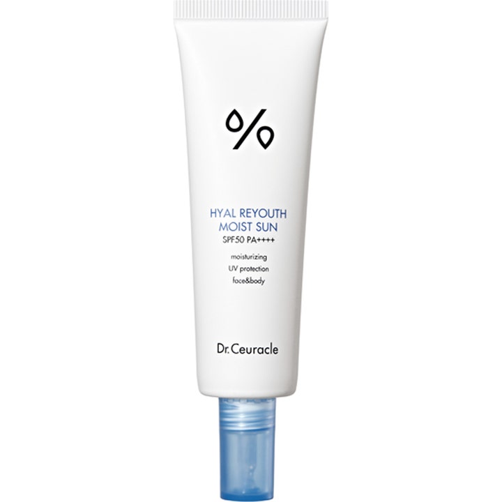 Dr. Ceuracle Hyal Reyouth Moist Sun SPF50 fuktighetsgivende solkrem i hvit tube med blå gjennomsiktig kork
