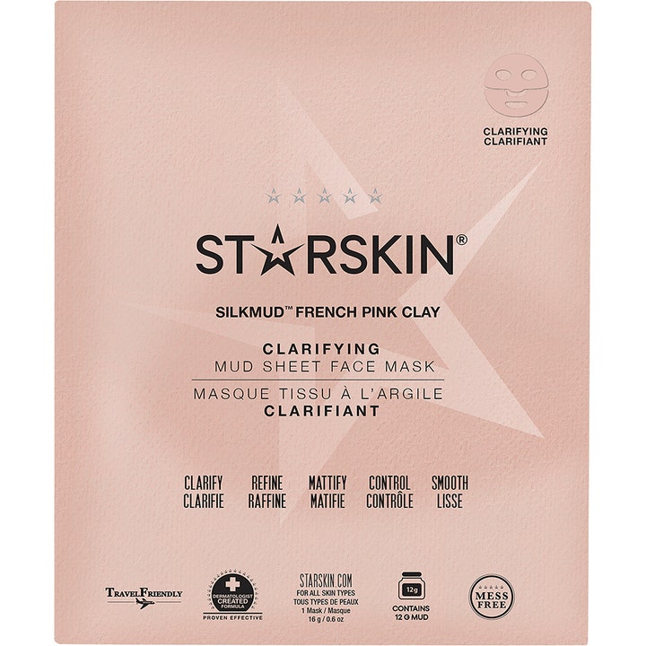 Starskin Silkmud French Pink Clay 16 g rensende ansiktsmaske som matter ned huden i lys rosa sachet med stjernedetalj