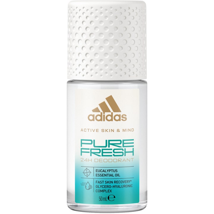 Adidas Active Skin & Mind Pure Fresh 50ml deodorant gir friskhet i glassflaske med hvit mønstret kork