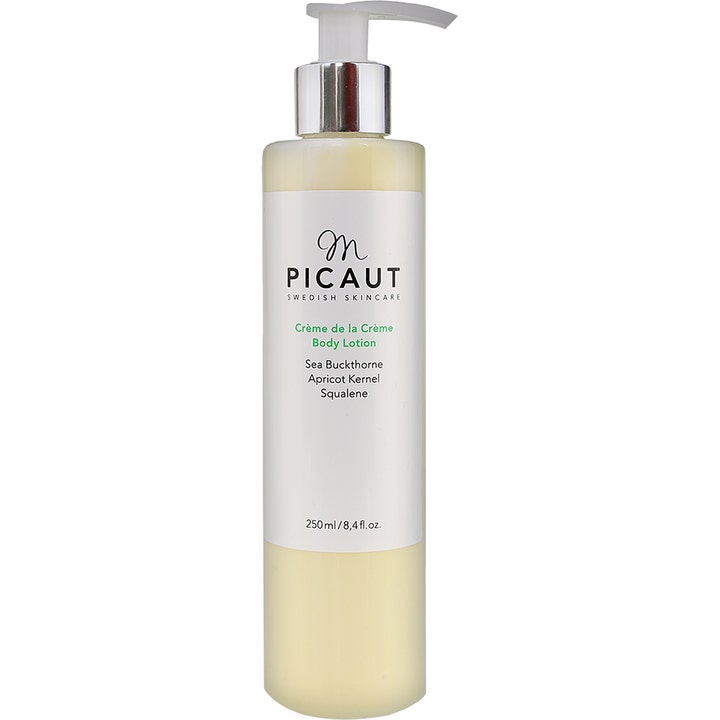 M. Picaut Crème de la Crème Body Lotion 250 ml gir næring i frostet flaske med sølvpumpe og lysegul tekstur.