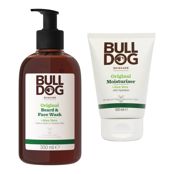 Bulldog Original Beard & Face Wash 300ml og Moisturiser 100ml fuktighetsgivende sett med aloe vera i flaske og hvit tube