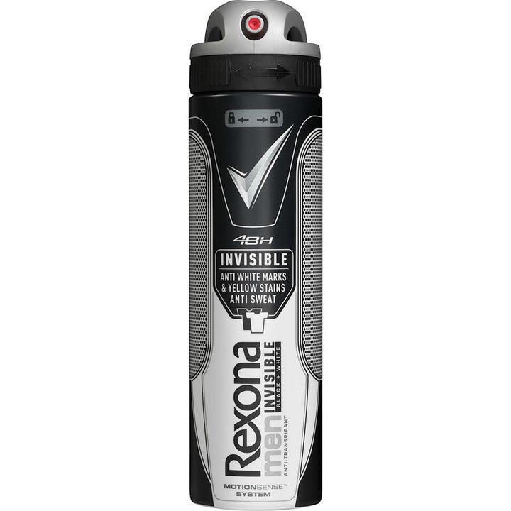 Rexona Men Invisible Black + White antiperspirant motvirker flekker i en svart og hvit sprayflaske med rødt munnstykke