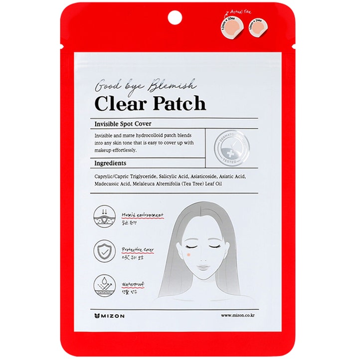 Mizon Good Bye Blemish Clear Patch 44 stk kviseplaster mot urenheter i rød og hvit forpakning med ansiktsillustrasjon.