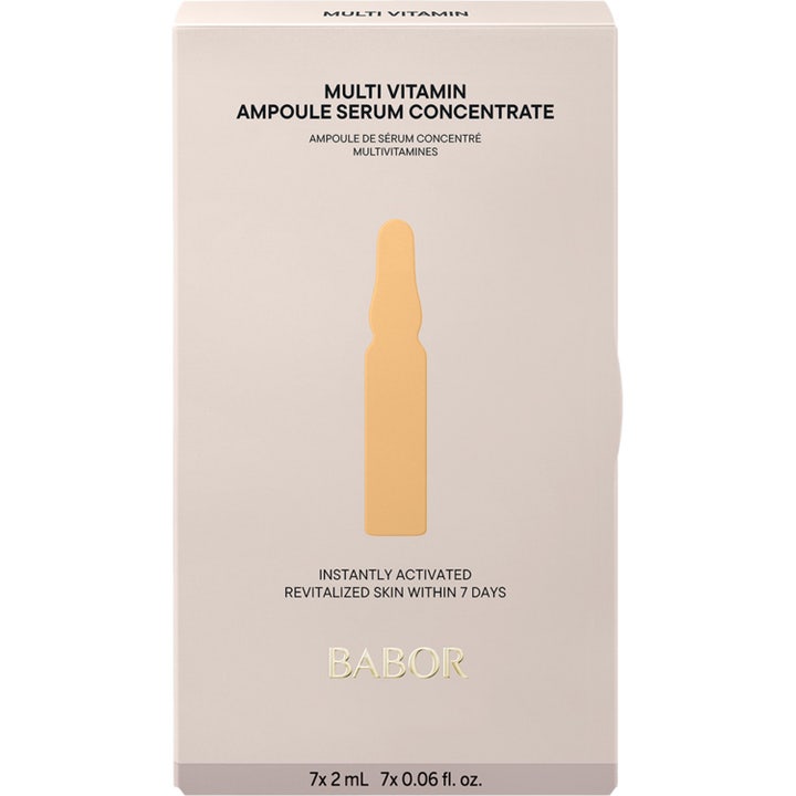 Babor Ampoule Multi Vitamin 14 ml ansiktsserum i lys beige eske med illustrasjon av en oransje ampulle