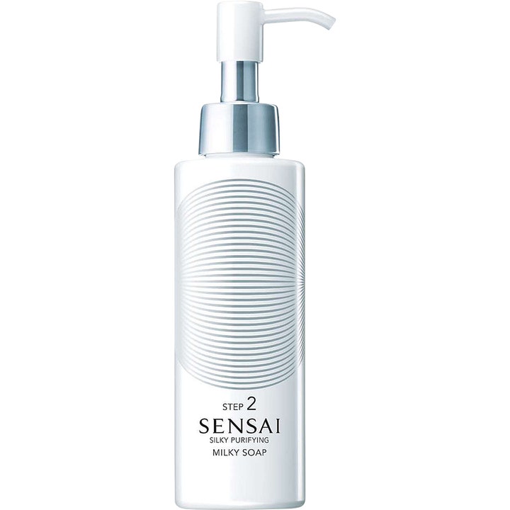 Sensai Silky Purifying Milky Soap 150ml ansiktsrens gir silkemyk hud i hvit pumpeflaske med sølv og sirkelmønster