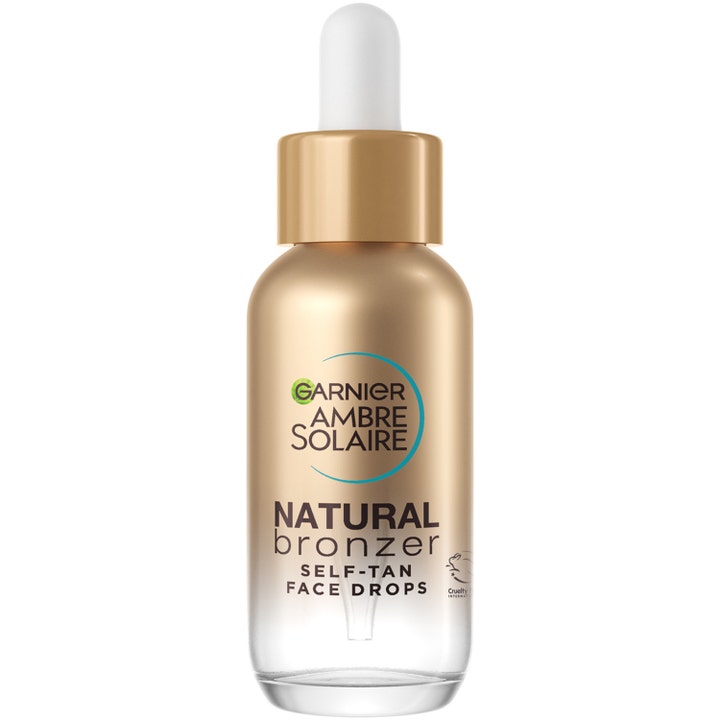 Garnier Ambre Solaire Natural Bronzer 30ml selvbruningsdråper gir glød i gullfarget glassflaske med hvit pipette.