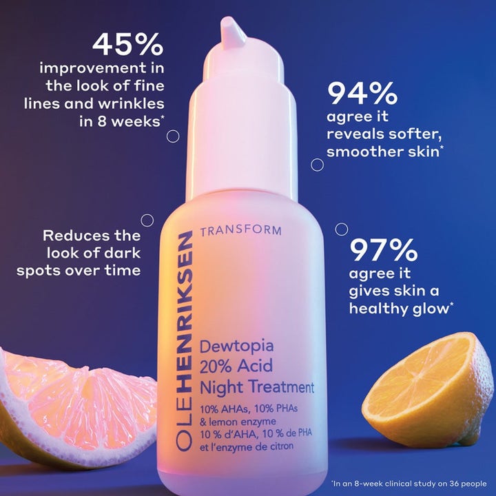 Ole Henriksen Bright Future 148 ml syrebehandling gir glød i rosa frostet flaske med sitroner og testresultater.